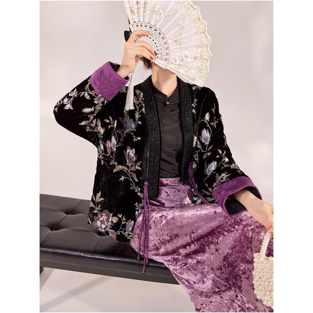Tang Dou Gao Dingmeng Purple Vine New Chinese style cotton cardigan light luxury Chinese style nail bead embroidered cotton jacket women s winter jacket image 3