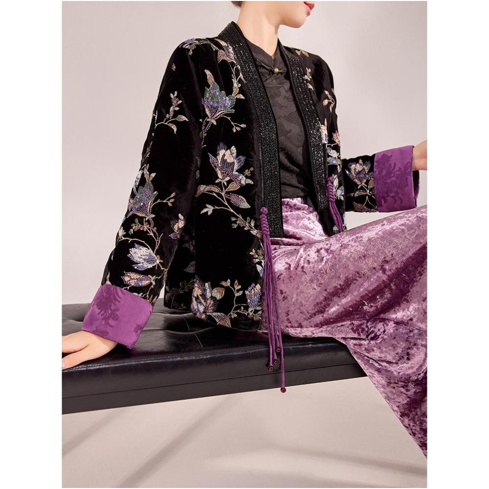 Tang Dou Gao Dingmeng Purple Vine New Chinese style cotton cardigan light luxury Chinese style nail bead embroidered cotton jacket women s winter jacket image 4