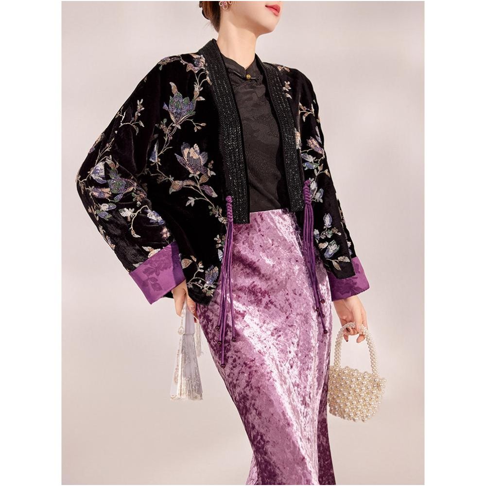 Tang Dou Gao Dingmeng Purple Vine New Chinese style cotton cardigan light luxury Chinese style nail bead embroidered cotton jacket women s winter jacket image 5