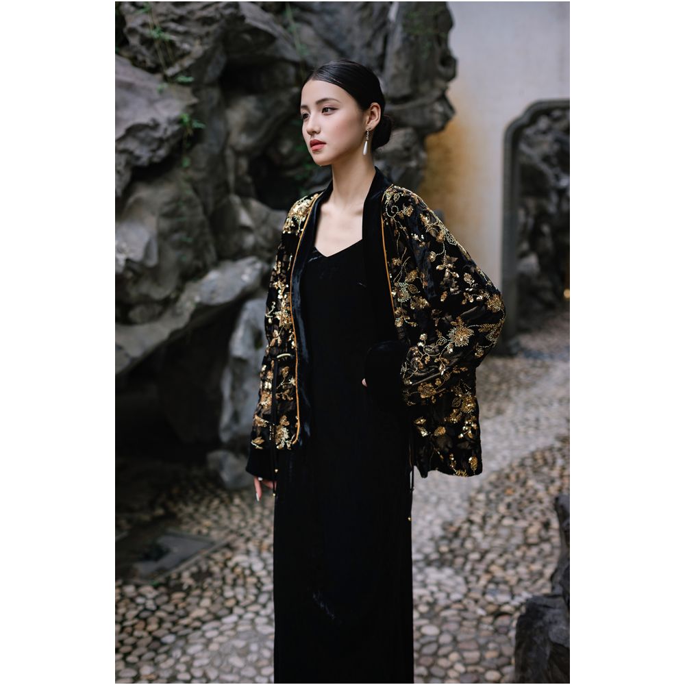 Tang Dou Gao Ding Gilded Flower Shadow New Chinese style Burnt Flower Embroidered Bead Cardigan National Style Mulberry Silk Old Money Style Coat for Women image 3