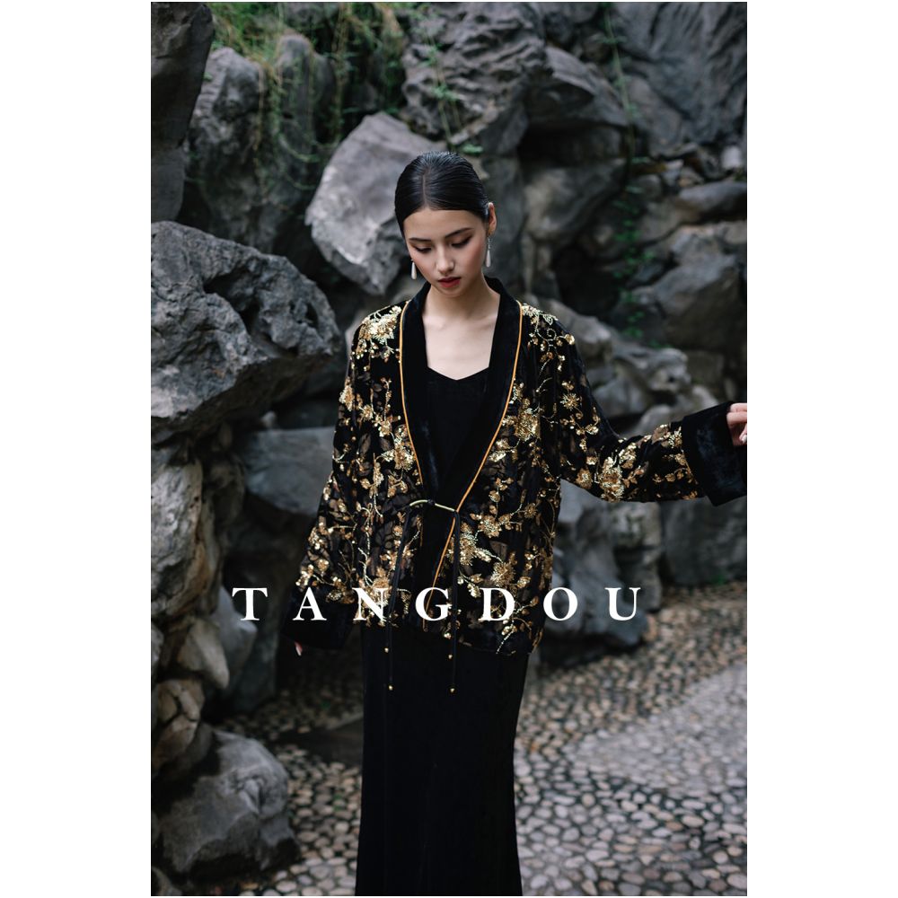 Tang Dou Gao Ding Gilded Flower Shadow New Chinese style Burnt Flower Embroidered Bead Cardigan National Style Mulberry Silk Old Money Style Coat for Women image 0