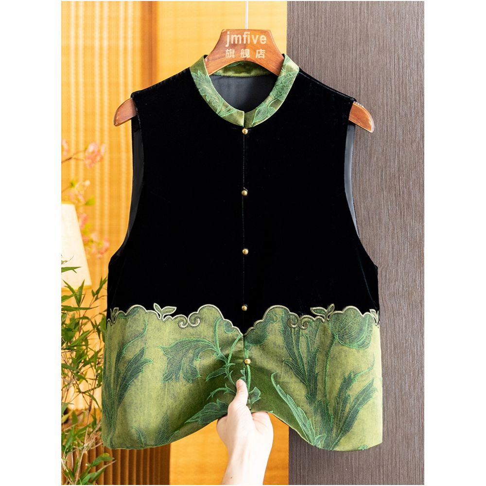 New Chinese style silk velvet simple and versatile vest with vest and shoulder for women in autumn 2025 retro contrasting color spliced vest image 1