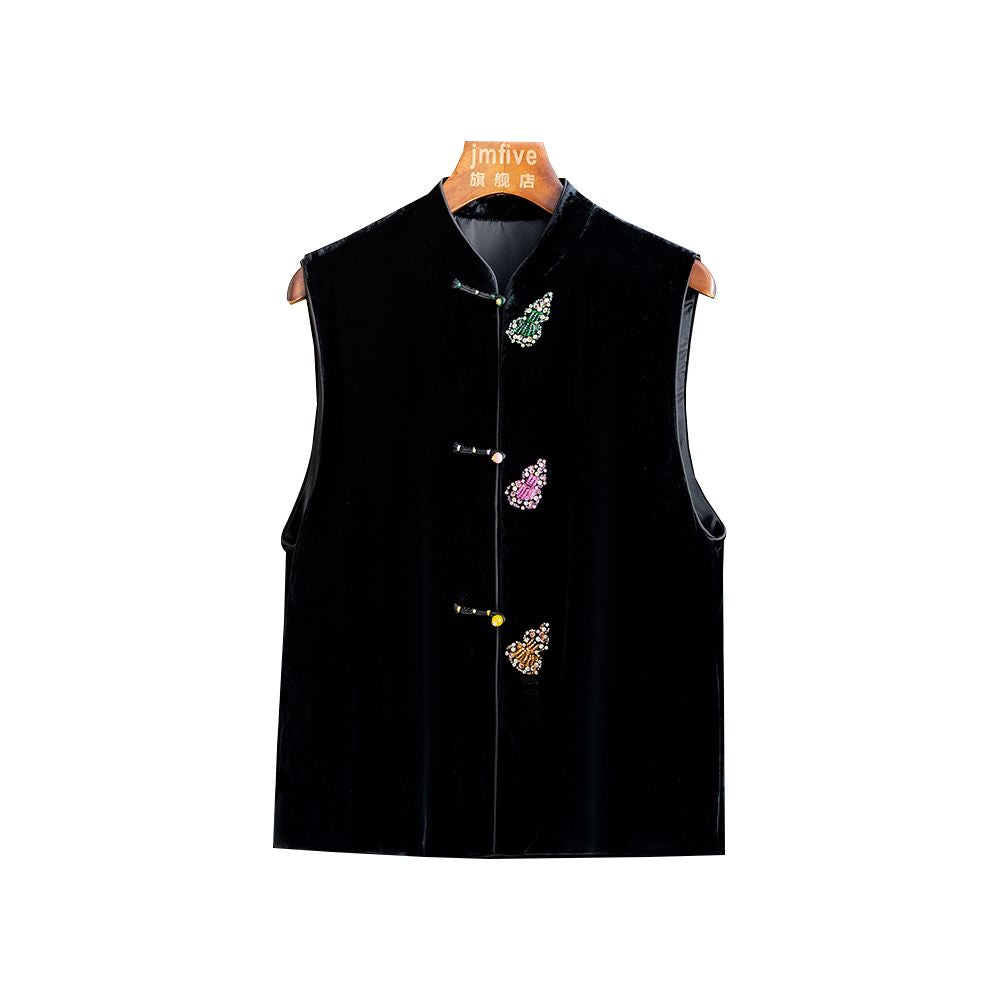 New Chinese style silk velvet simple and versatile pearl buckle vest for women in autumn 2025 black stand up collar and shoulder image 5