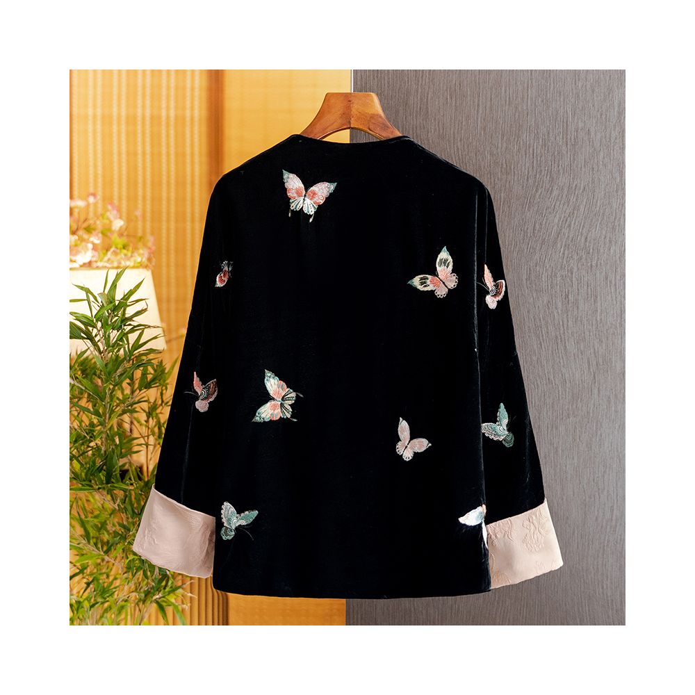 New Chinese style silk embroidered butterfly elegant coat for women in autumn 2025 fashionable retro long sleeved top image 2