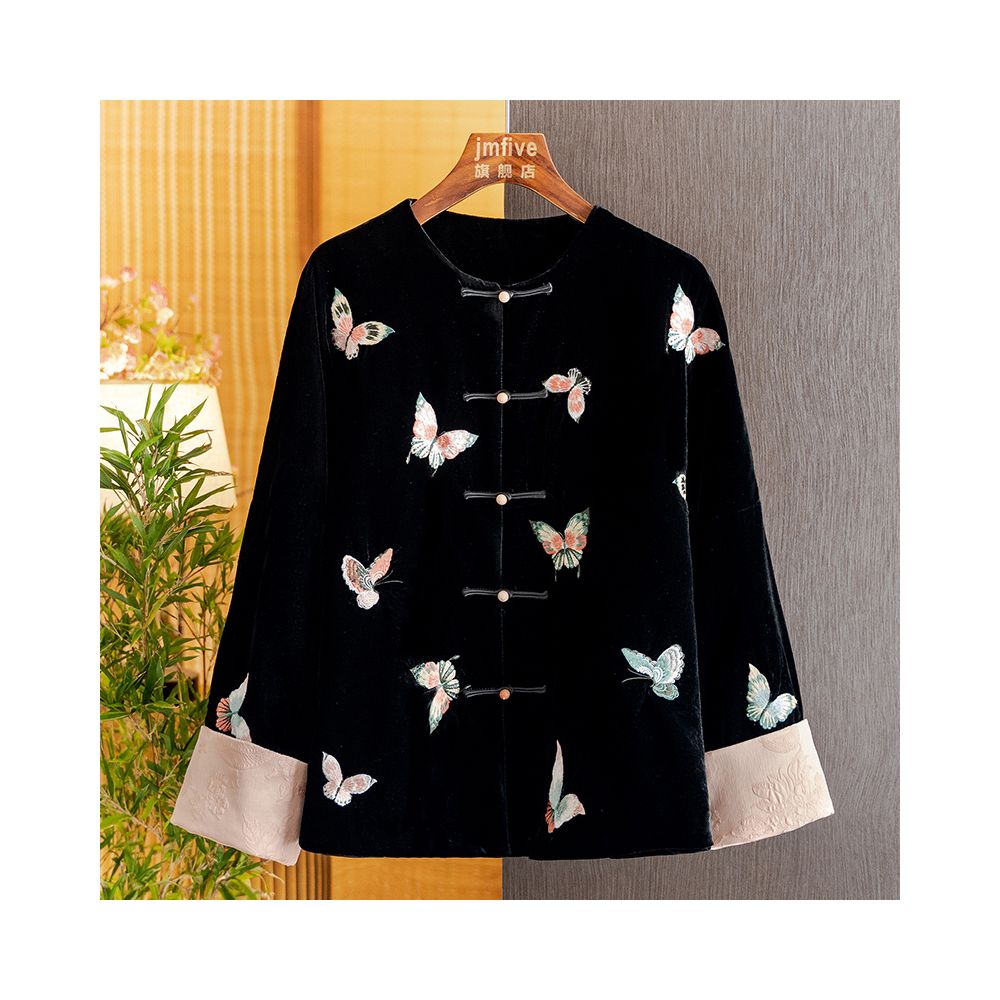 New Chinese style silk embroidered butterfly elegant coat for women in autumn 2025 fashionable retro long sleeved top image 3