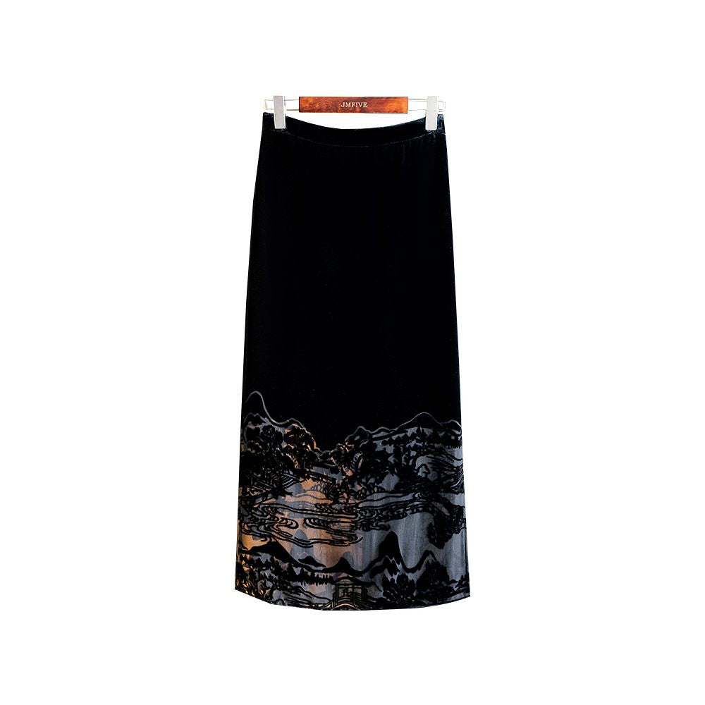 Black stylish elegant silk velvet midi skirt new autumn 2025 arrival high waisted long skirt image 6