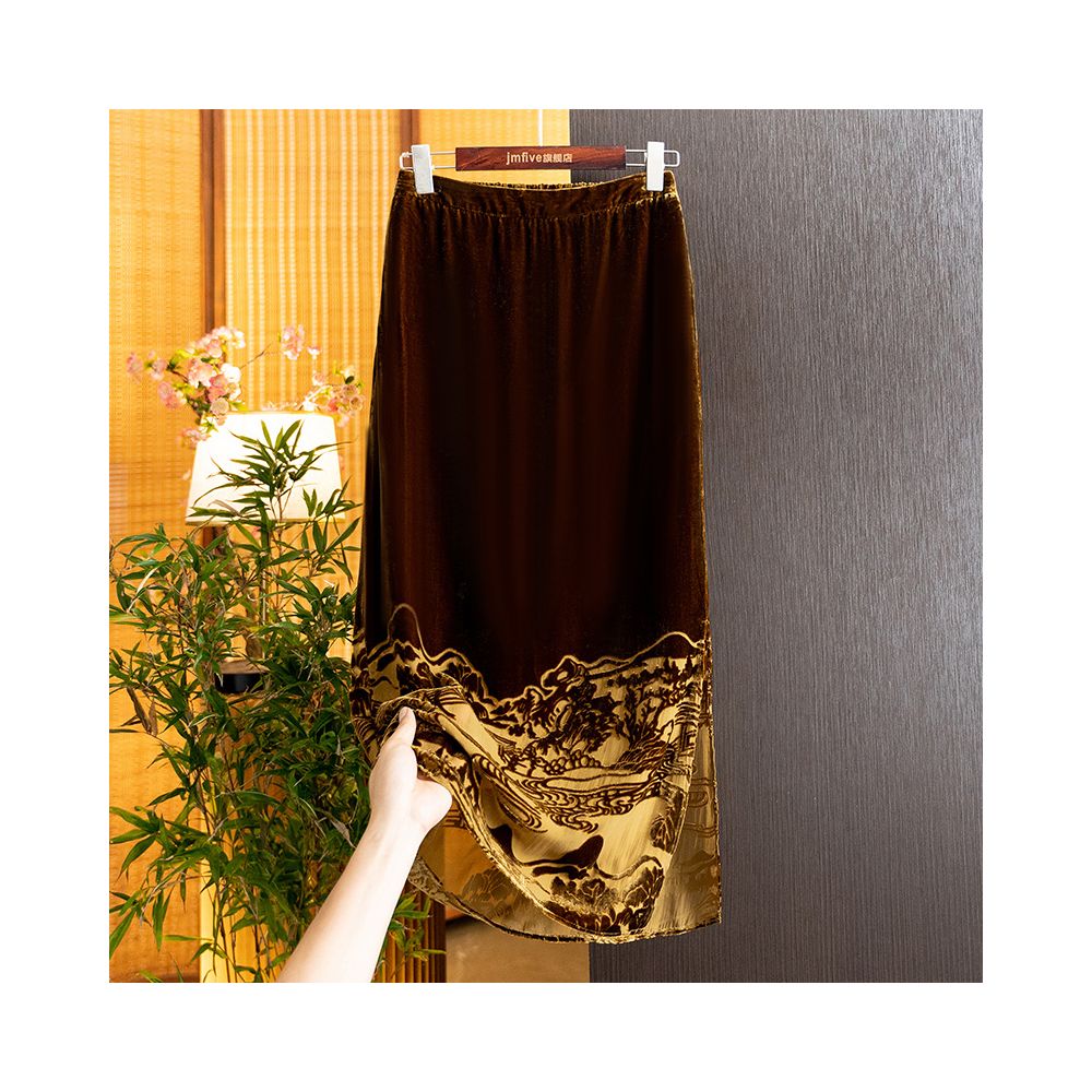 Black stylish elegant silk velvet midi skirt new autumn 2025 arrival high waisted long skirt image 12