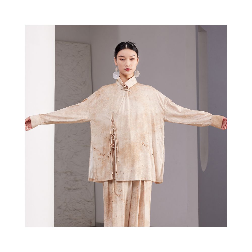 New Chinese style stand up collar rayon distressed jacquard loose fitting literary silhouette shirt for women versatile Zen inspired blouse image 3