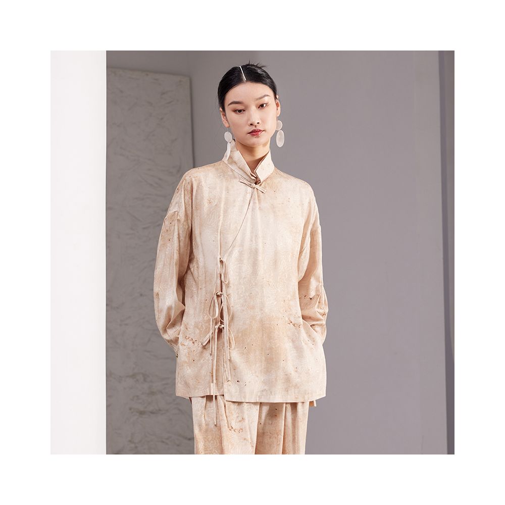 New Chinese style stand up collar rayon distressed jacquard loose fitting literary silhouette shirt for women versatile Zen inspired blouse image 0