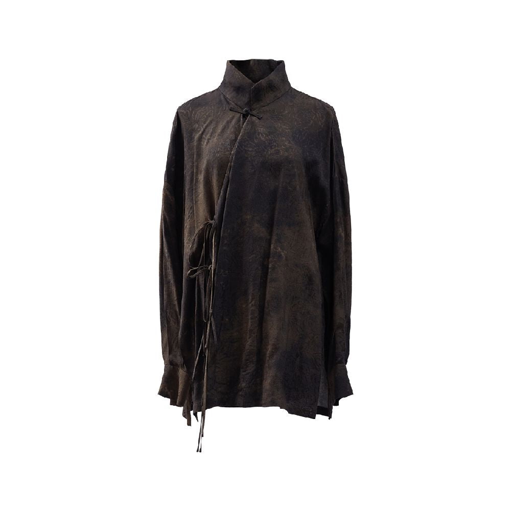 New Chinese style stand up collar rayon distressed jacquard loose fitting literary silhouette shirt for women versatile Zen inspired blouse image 9