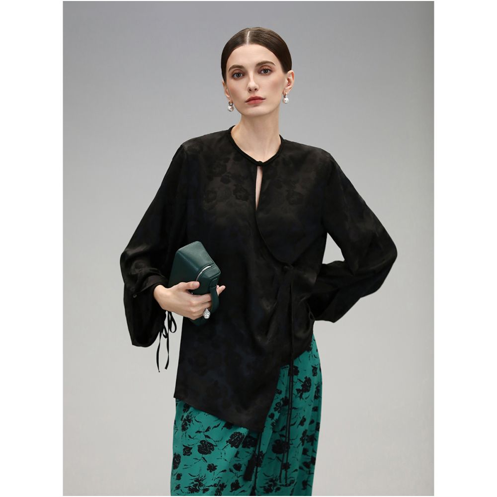 COCOBELLA New Chinese Dark Pattern Jacquard Satin Shirt with Side placket and Buckle Top SR3061B 3 image 8