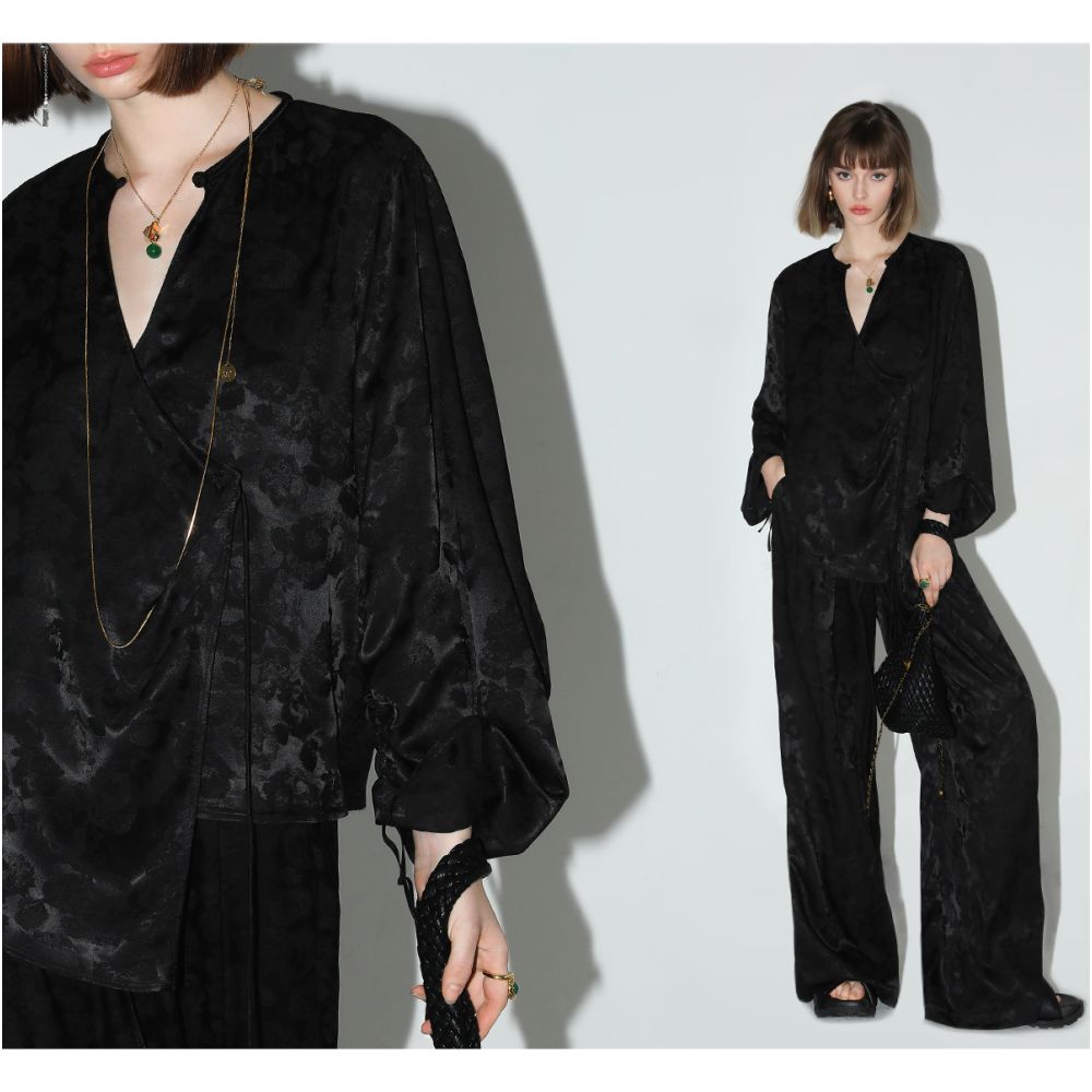 COCOBELLA New Chinese Style Jacquard Satin Shirt for Women Early Autumn Off Front Button Down Top SR3061B 4 image 3