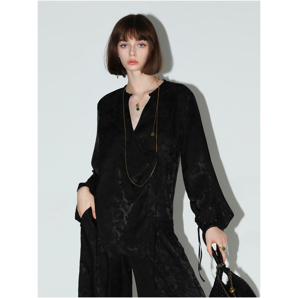 COCOBELLA new Chinese style fog jacquard satin wide leg pants Chinese style women s early autumn hanging straight leg pants PA0018 image 7