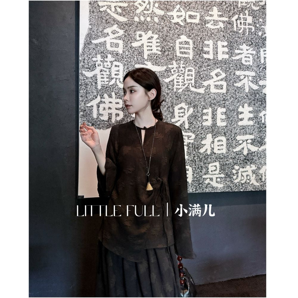 Old Mountain New Chinese Zen Style Tencel Linen Maple Leaf 3D Burnout Floral Top and Skirt Set image 3