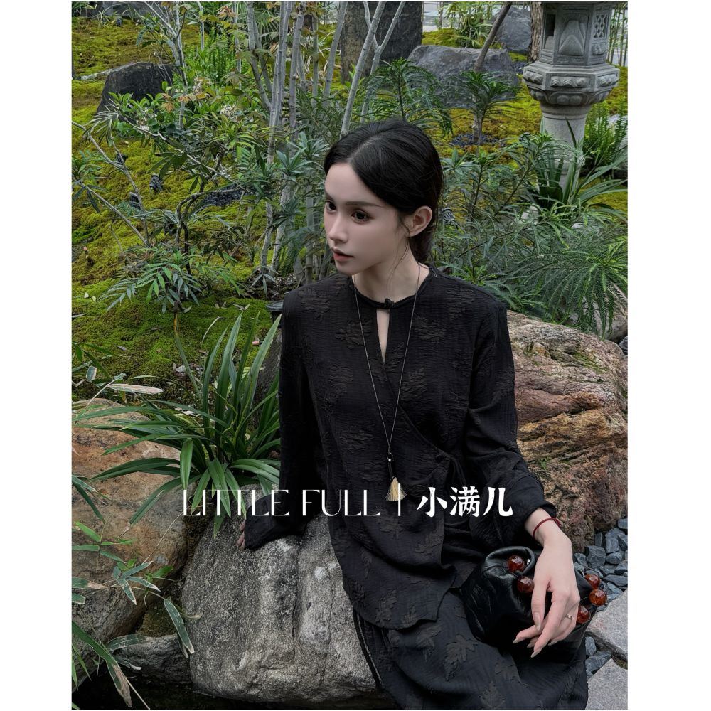 Old Mountain New Chinese Zen Style Tencel Linen Maple Leaf 3D Burnout Floral Top and Skirt Set image 4