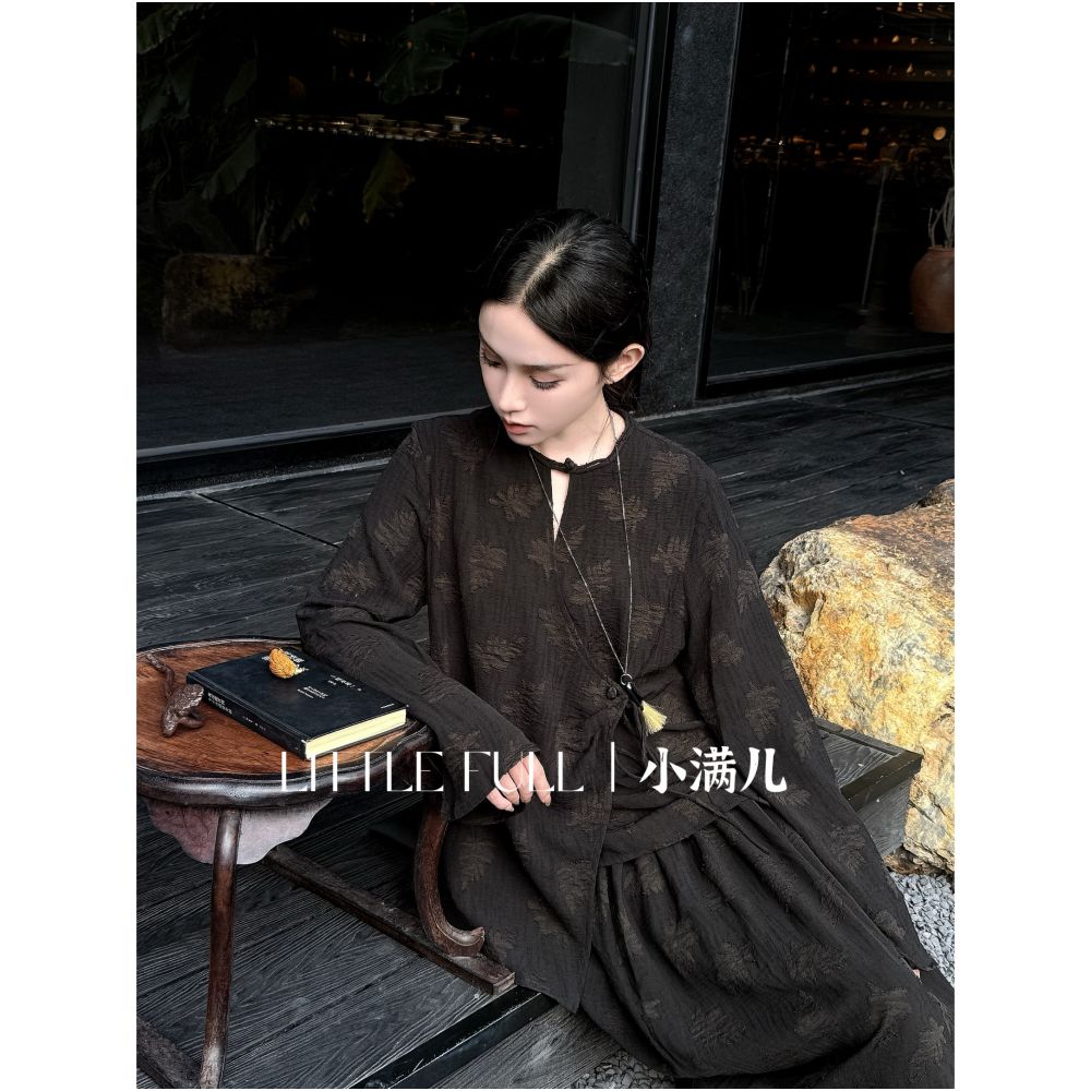 Old Mountain New Chinese Zen Style Tencel Linen Maple Leaf 3D Burnout Floral Top and Skirt Set image 5