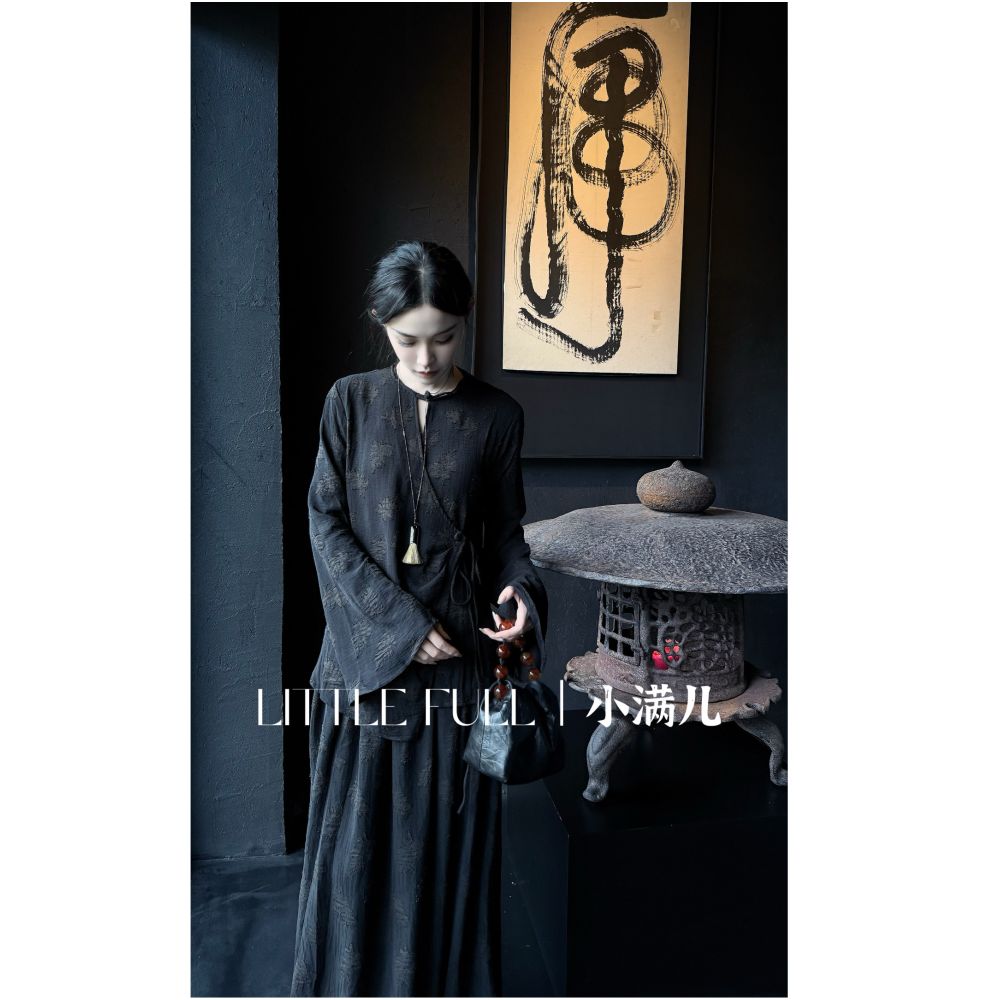 Old Mountain New Chinese Zen Style Tencel Linen Maple Leaf 3D Burnout Floral Top and Skirt Set image 13