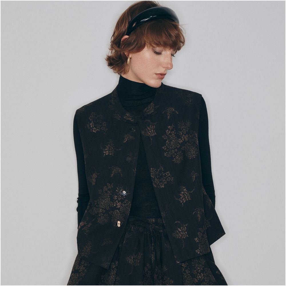 Little bug new Chinese bamboo shadow swaying cotton linen blend artistic heavyweight jacquard slant collar jacket vest skirt image 3