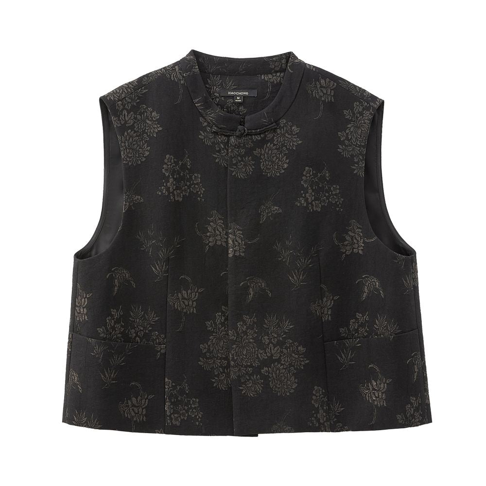 Little bug new Chinese bamboo shadow swaying cotton linen blend artistic heavyweight jacquard slant collar jacket vest skirt image 5