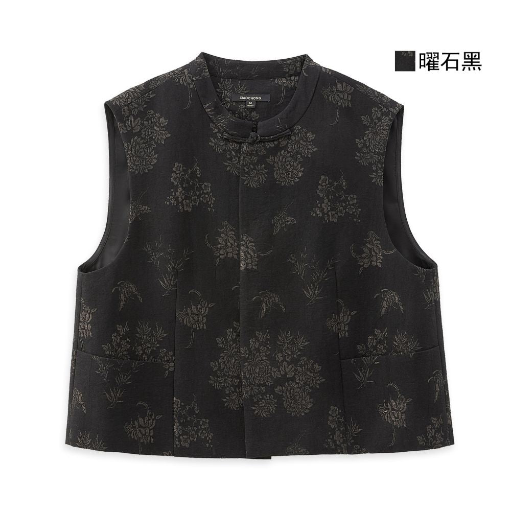 Little bug new Chinese bamboo shadow swaying cotton linen blend artistic heavyweight jacquard slant collar jacket vest skirt image 10