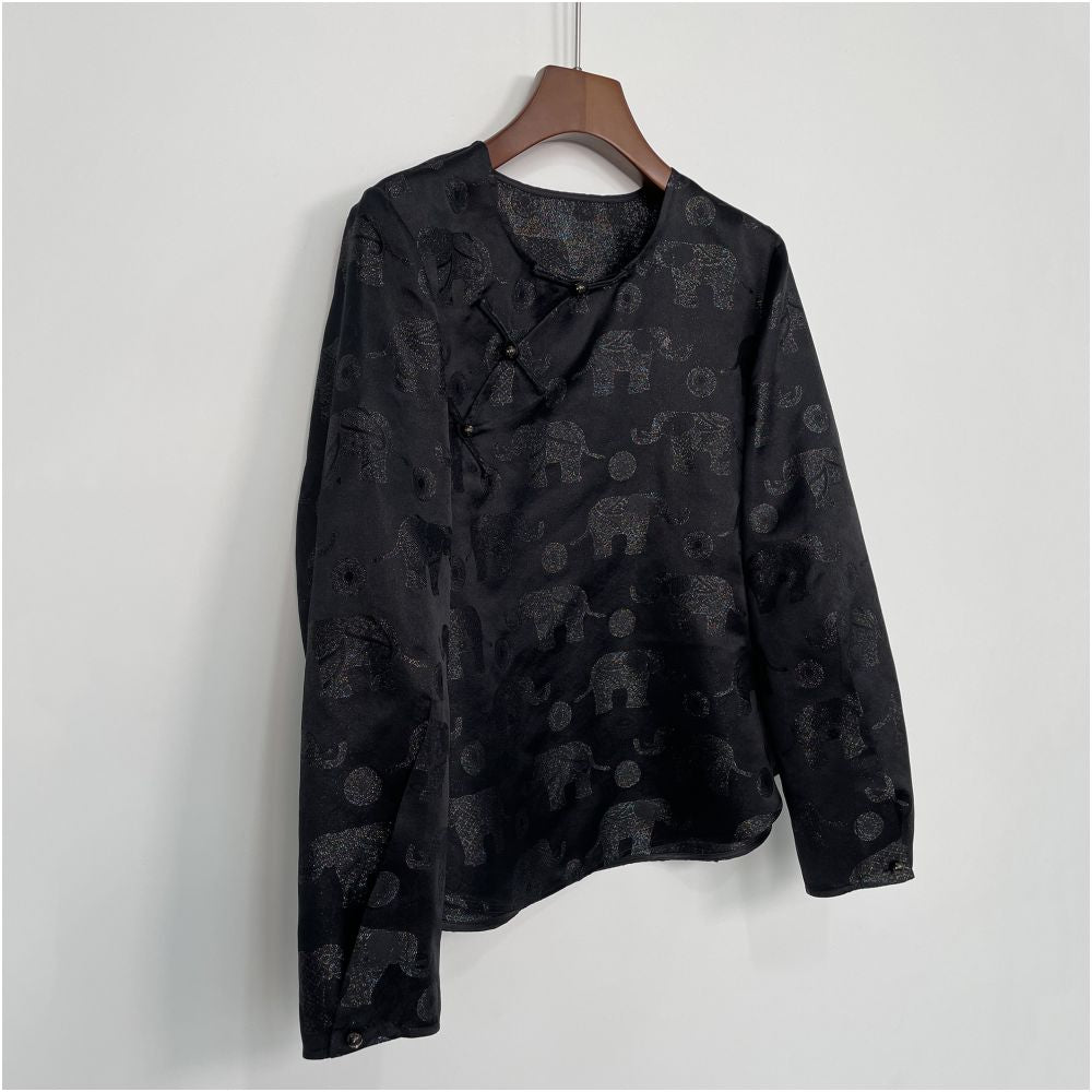 Colorful Blessing Elephant Pearl Mother of Pearl Rainbow Fine Sparkle Chinese Style Slant Collar Round Neck Shirt New Chinese Tang Style Autumn Women s Top image 3