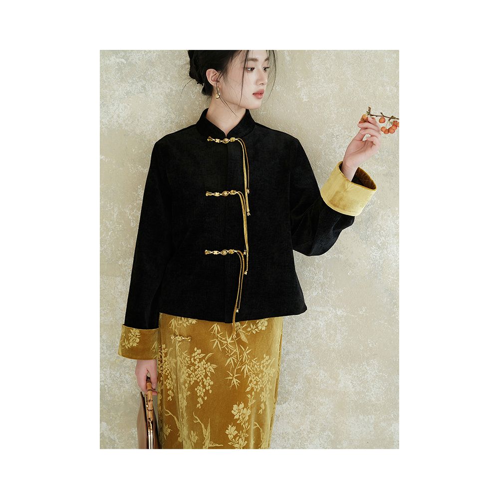 Chuchan New Chinese Style Coat Women s Velvet Embossed Black Tang Costume Top Premium Old Money Style Half Skirt Set image 4