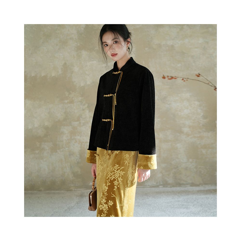 Chuchan New Chinese Style Coat Women s Velvet Embossed Black Tang Costume Top Premium Old Money Style Half Skirt Set image 5