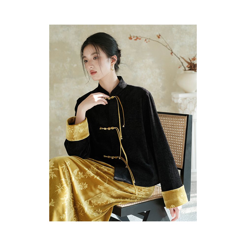 Chuchan New Chinese Style Coat Women s Velvet Embossed Black Tang Costume Top Premium Old Money Style Half Skirt Set image 7