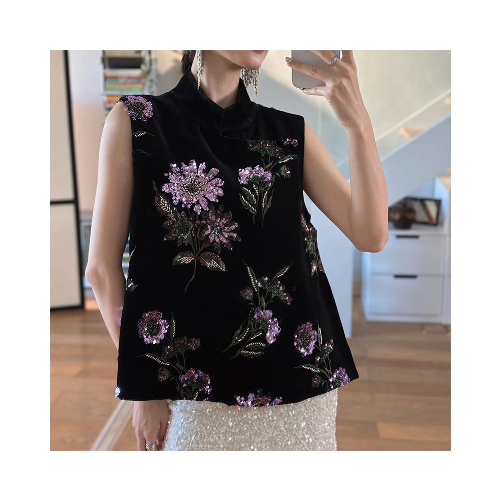 Noble old money style sequin bead embroidery exquisite fireworks vest new Chinese style purple gold flower top for women in spring and summer 2025 image 1