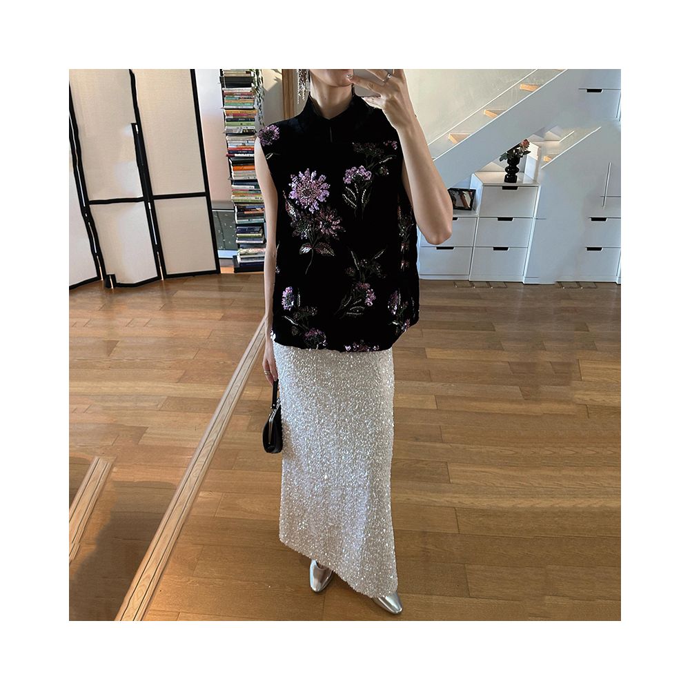 Noble old money style sequin bead embroidery exquisite fireworks vest new Chinese style purple gold flower top for women in spring and summer 2025 image 2
