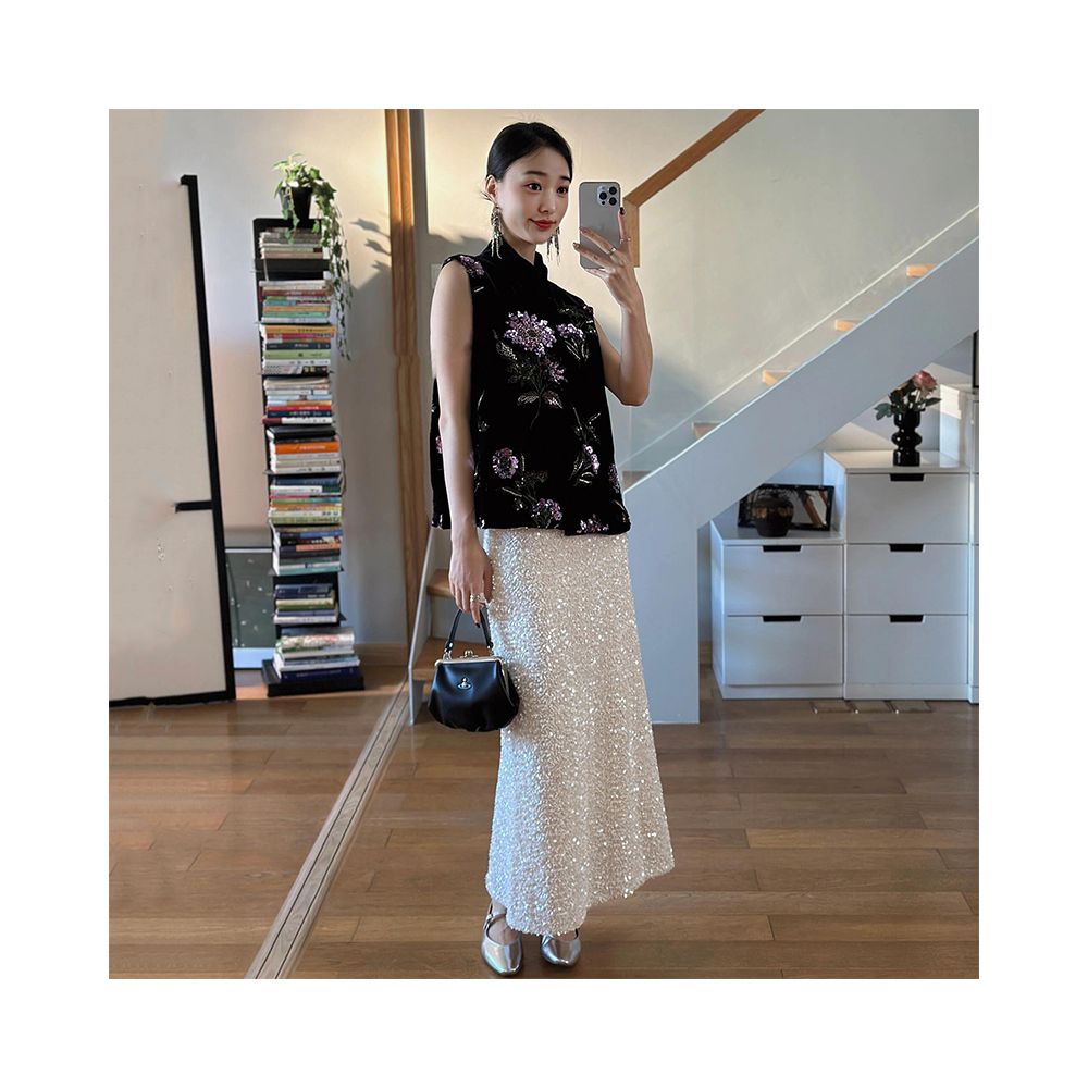 Noble old money style sequin bead embroidery exquisite fireworks vest new Chinese style purple gold flower top for women in spring and summer 2025 image 3