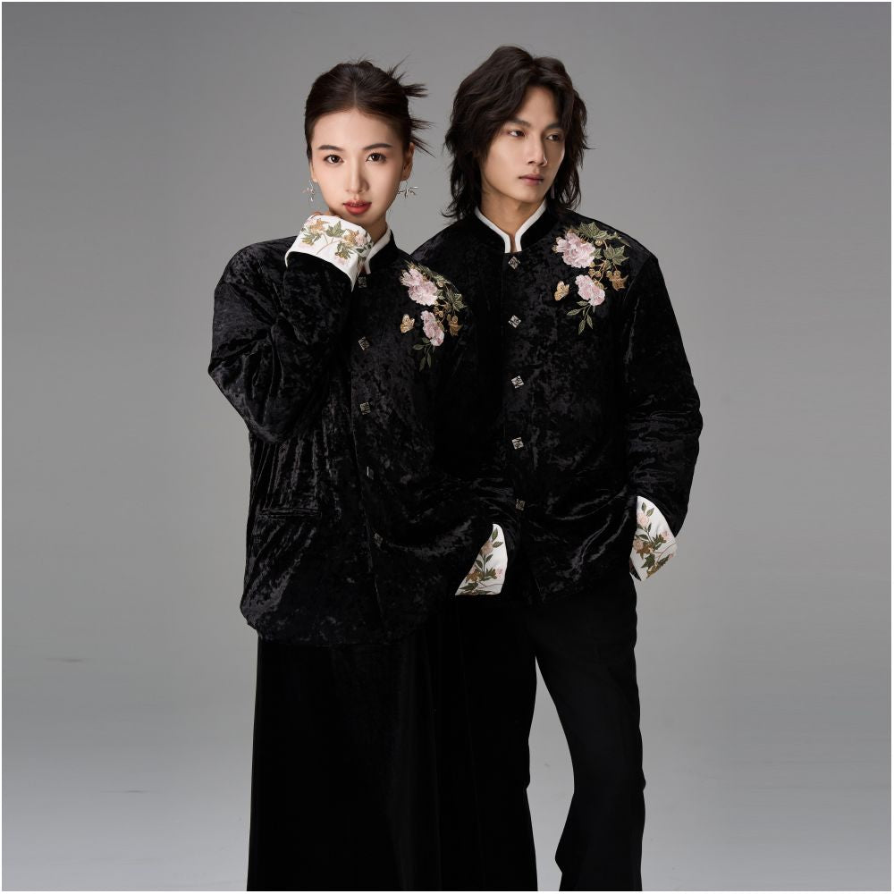 CNEW Chu Nian Er Wen New Chinese Style Peony Floral Embroidery Black Velvet Leather Collar Tang Suit Cotton padded Jacket for Men and Women image 3