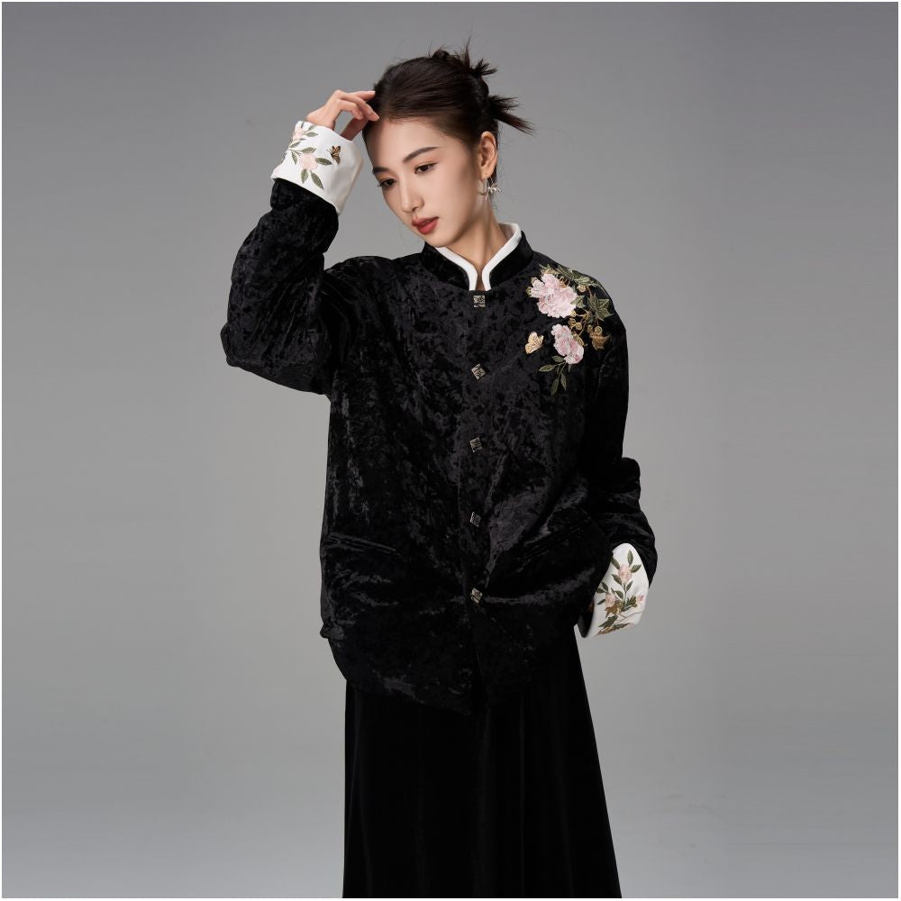CNEW Chu Nian Er Wen New Chinese Style Peony Floral Embroidery Black Velvet Leather Collar Tang Suit Cotton padded Jacket for Men and Women image 0