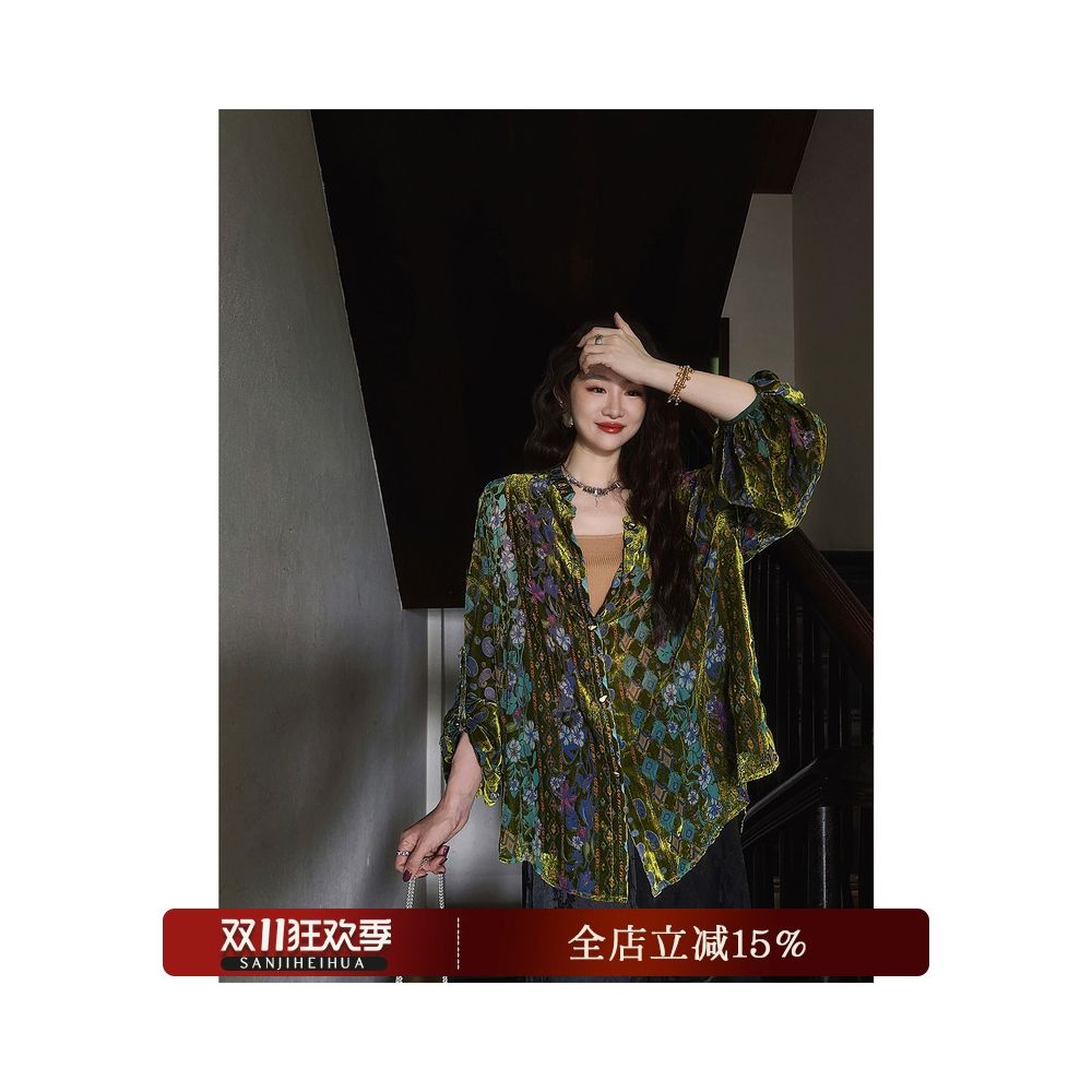 Yang Mi Mid Autumn Festival Same Style Three Lucky Black Flower Window Shadow New Chinese National Velvet Rotten Flower Shirt Women s Coat image 0