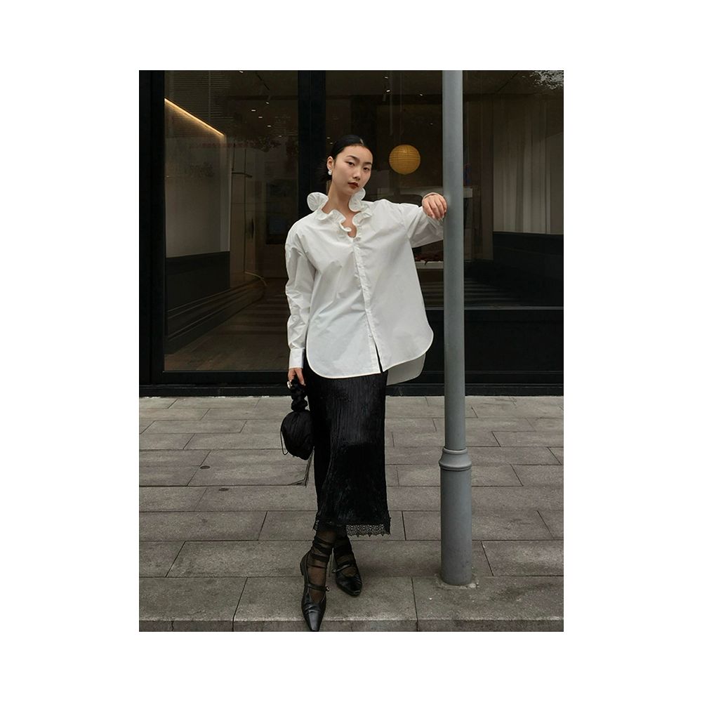 X Rose French style mature and sophisticated ruffled trim shirt new niche loose fitting fashionable base layer top for women image 3