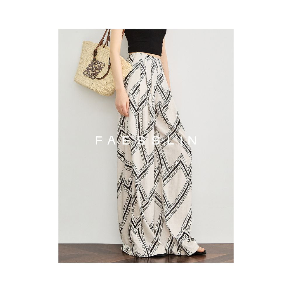 FAESSLIN Tencel Linen Wide Leg Pants for Women Summer Thin Style Relaxed Fit Vacation Style Straight Leg Printed Pants image 16