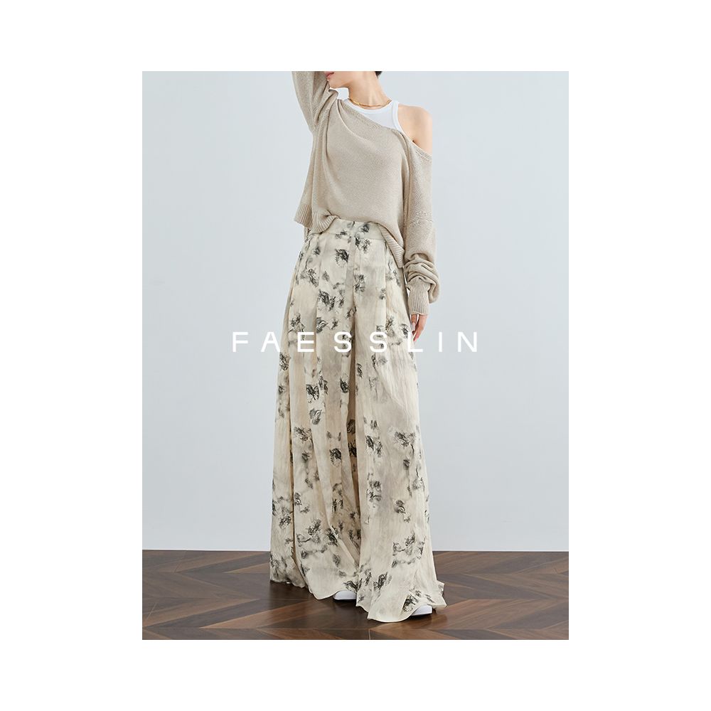 FAESSLIN New Chinese Style Extra Long High Waist Wide Leg Pants Women s Summer Thin Loose Ancient Style Printed Skirt Pants image 2
