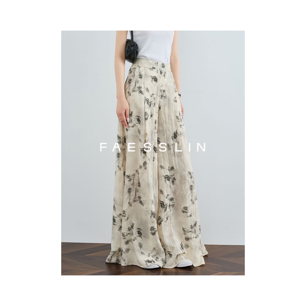 FAESSLIN New Chinese Style Extra Long High Waist Wide Leg Pants Women s Summer Thin Loose Ancient Style Printed Skirt Pants image 20