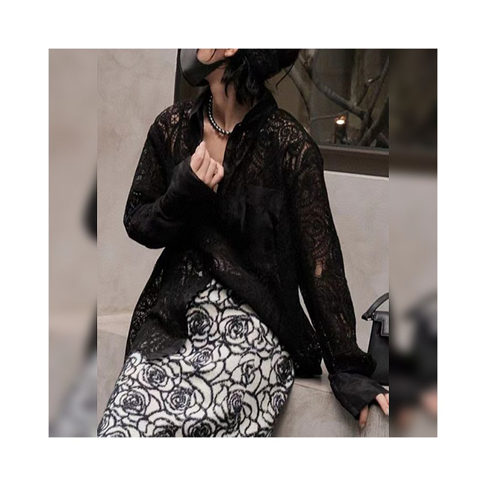 Hollow out design white shirt for women s spring and summer 2025 new style long sleeved lazy style loose heavy industry French lace shirt image 8