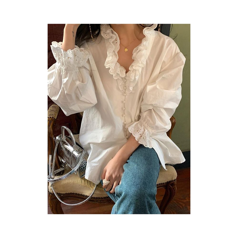 French V neck palace style lotus leaf edge white shirt with a new design sense niche layering unique mid length top image 0