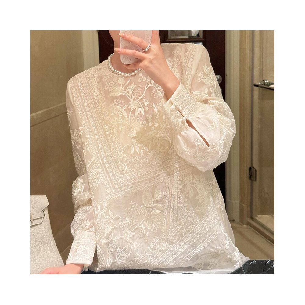 New Chinese Style Lace Shirt with Folded Buttons Women s Summer 2025 New Arrival Versatile Loose fitting Long sleeved Top image 1