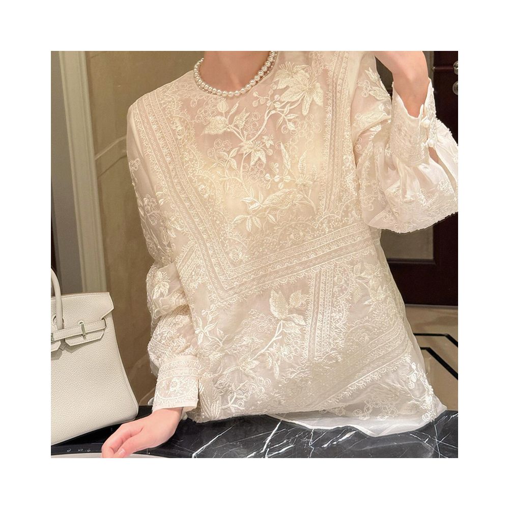 New Chinese Style Lace Shirt with Folded Buttons Women s Summer 2025 New Arrival Versatile Loose fitting Long sleeved Top image 8