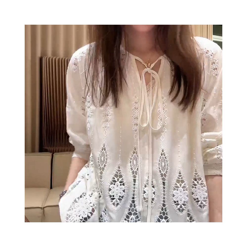 French retro hollow out tie waist shirt for women new spring summer 2025 style elegant versatile loose casual long sleeved top image 1