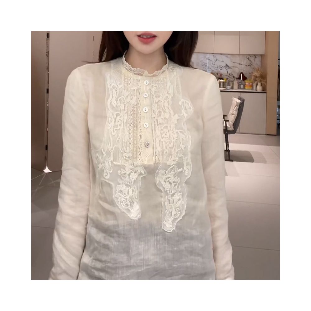 French retro heavy industry lace patchwork shirt for women in spring 2025 versatile loose and slimming design top image 7