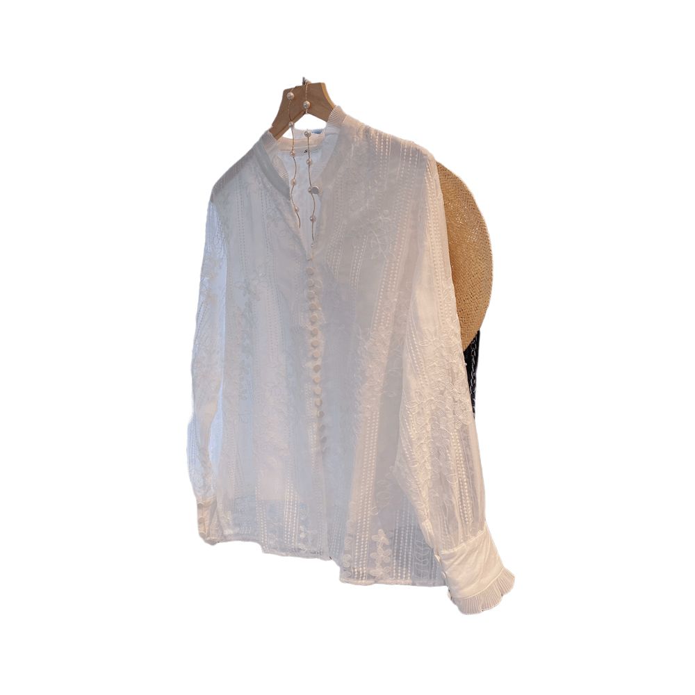 French style white lace shirt new summer 2025 style long sleeved shirt youthful design elegant style for women image 5