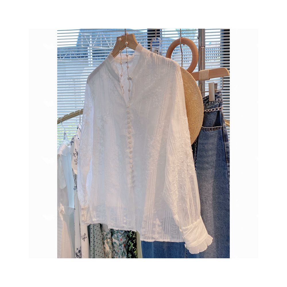 French style white lace shirt new summer 2025 style long sleeved shirt youthful design elegant style for women image 0