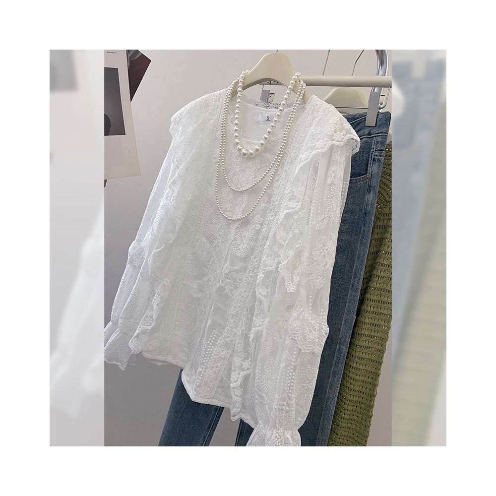 Gentle and elegant lace trimmed long sleeved chiffon blouse for spring French style design unique style image 2