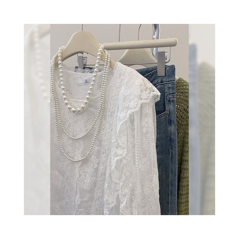 Gentle and elegant lace trimmed long sleeved chiffon blouse for spring French style design unique style image 3