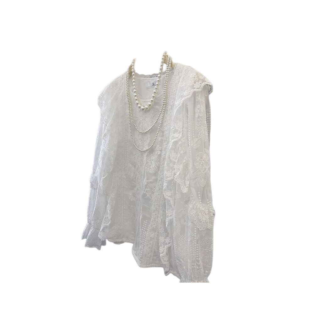 Gentle and elegant lace trimmed long sleeved chiffon blouse for spring French style design unique style image 5