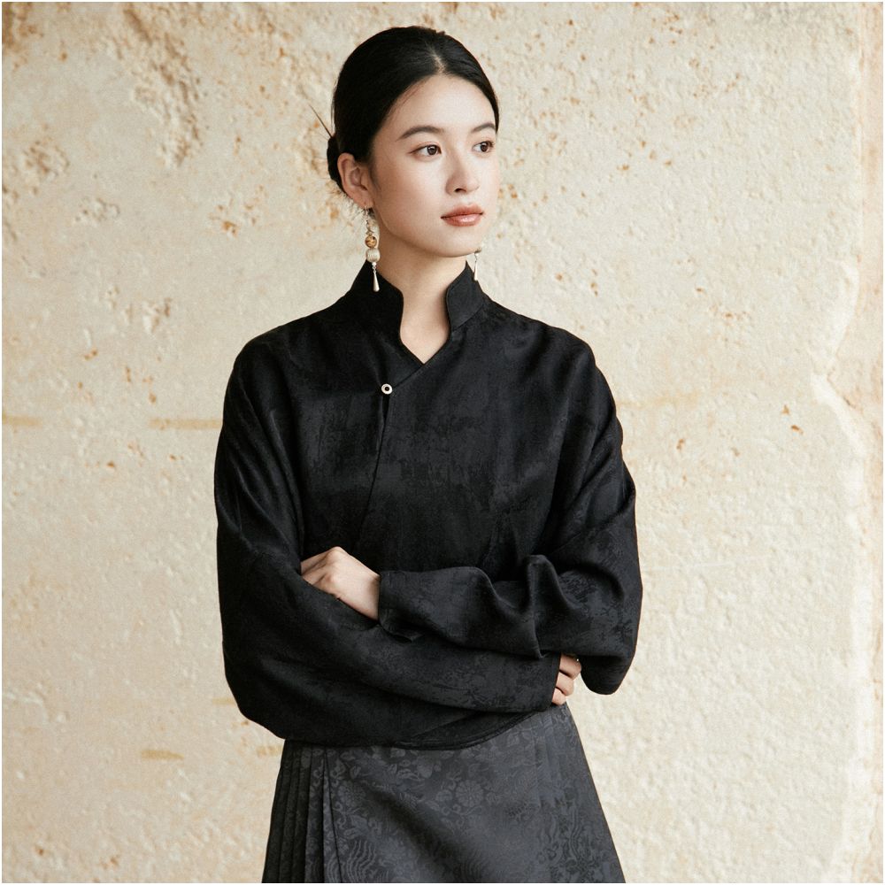 Anytime Lin Jin Rayon Linen Blend New Chinese Style Jacquard Subtle Pattern Small V Neck Elegant Shirt image 2